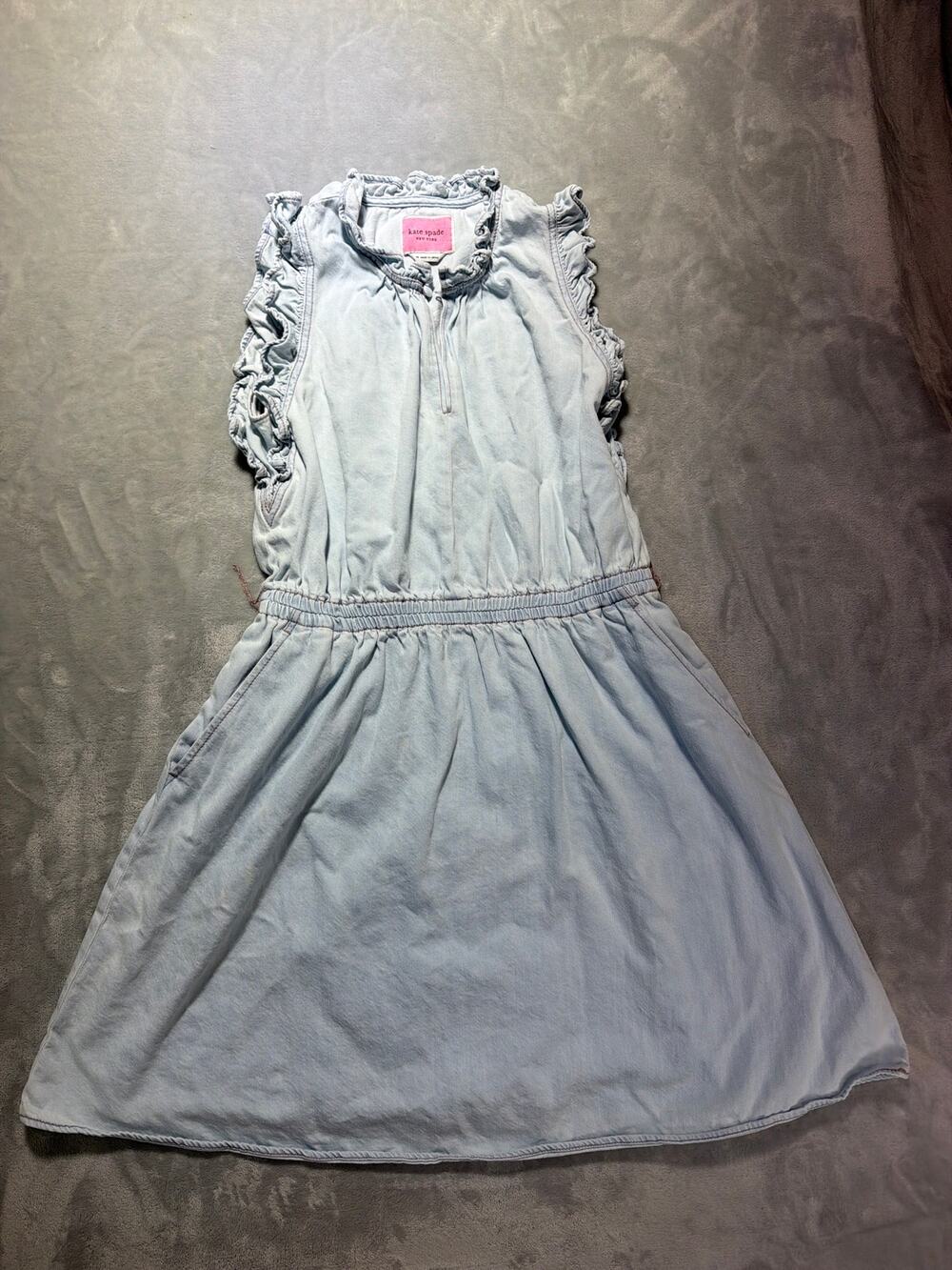 Kate Spade New York Light Wash Denim Chambray Ruffle Sleeve Mini Dress Medium M